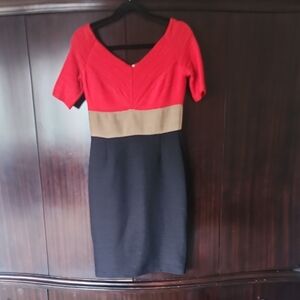 Nue by Shani Red, Tan, and Black Long Mini Dress